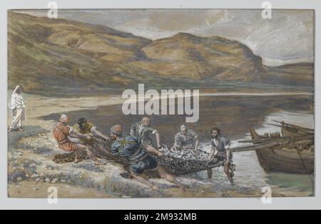 Der zweite wundersame Tiefgang der Fische (La seconde pêche miraculeuse) James Tissot (Französisch, 1836-1902). Der zweite wundersame Tiefgang der Fische (La Secondde pêche miraculeuse), 1886-1894. Undurchsichtige Aquarelle über Graphit auf grauem gewebtem Papier, Bild: 6 1/8 x 10 Zoll (15,6 x 25,4 cm). Europäische Art. 1886-1894 Stockfoto