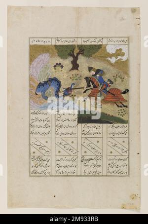 Gushtasp: Den Drachen töten, Seite aus einem illustrierten Manuskript des Shahnama von Firdawsi, Seite aus einem illustrierten Manuskript des Shahnama von Firdawsi, Kalifornien. 1482" Tinte, lichtundurchlässige Aquarelle und Gold auf Papier, 13 x 8 1/2 Zoll (32,5 x 21,3 cm). Der legendäre iranische Prinz Gushtasp tötet in dieser häufig illustrierten Szene aus dem Shāhnāma (Buch der Könige) einen furchteinflößenden Drachen, die der Dichter Firdawsi gegen 1010 in Versen setzt. Der Prinz Gushtasp hat den Thron von seinem Vater abgestritten und verließ den Iran nur, um triumphierend zurückzukehren, nachdem er seinen Wert gegen den Drachen bewiesen hatte. Hier drin Stockfoto