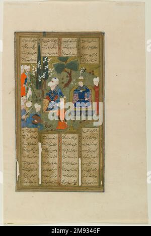 Der sasanische König Khusraw und Höflinge in einem Garten, Seite aus einem Manuskript des Shahnama (Buch der Könige) von Firdawsi, des sasischen Königs Khusraw und der Höflinge in einem Garten, Seite aus einem Manuskript des Shahnama (Buch der Könige) von Firdawsi, Ende des 15.-frühen 16. Jahrhunderts. Tinte, lichtundurchlässige Aquarelle und Gold auf Papier, 9 1/2 x 5 7/16 Zoll (24,1 x 13,8 cm). Das Gemälde auf der Seite eines Shāhnāma-Manuskripts stellt eine Enthusionszene aus dem iranischen Hofleben dar. Der Herrscher, gekleidet mit einem aufwendigen Kopfbügel, sitzt in einem Garten auf einem erhöhten, vergoldeten Thron, an dessen Seite sich Angestellte und Musiker befinden Stockfoto