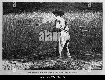 Der Veteran in A New Field Winslow Homer (Amerikaner, 1836-1910). Der Veteran auf einem neuen Feld, 1867. Holzgravierung, 4 3/16 x 6 1/4 Zoll (10,6 x 15,9 cm). In dem Artikel, der dieses Bild begleitete, hieß es: "Einer der schlüssigsten Beweise für die Stärke einer republikanischen Regierungsform ist die Art und Weise, wie sich unsere Armee aufgelöst hat, jeder Mann sucht wieder nach dem Nützlichkeitsbereich, den er nur vorübergehend verlassen hat, Der Regierung bei ihrer Not zu helfen.“ In der Illustration wird wahrscheinlich auch auf eine Klausel von Isaiah 2:4 verwiesen, die oft in der Mitte des 19. Jahrhunderts zitiert wurde: "Und sie sollen ihre schlagen Stockfoto