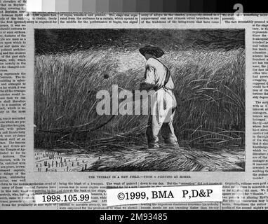 Der Veteran in A New Field Winslow Homer (Amerikaner, 1836-1910). Der Veteran auf einem neuen Feld, 1867. Holzgravierung, 4 3/16 x 6 1/4 Zoll (10,6 x 15,9 cm). In dem Artikel, der dieses Bild begleitete, hieß es: "Einer der schlüssigsten Beweise für die Stärke einer republikanischen Regierungsform ist die Art und Weise, wie sich unsere Armee aufgelöst hat, jeder Mann sucht wieder nach dem Nützlichkeitsbereich, den er nur vorübergehend verlassen hat, Der Regierung bei ihrer Not zu helfen.“ In der Illustration wird wahrscheinlich auch auf eine Klausel von Isaiah 2:4 verwiesen, die oft in der Mitte des 19. Jahrhunderts zitiert wurde: "Und sie sollen ihre schlagen Stockfoto