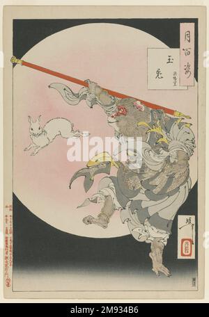 Jade Rabbit: Sun Wukong, der Affenkönig, aus der Serie einhundert Aspekte des Mondes Tsukioka Yoshitoshi (1839-1892). , 10. Oktober 1889. Farbiger Holzblock auf Papier, 13 7/8 x 9 1/2 Zoll (35,2 x 24,1 cm). Einhundert Aspekte des Mondes waren eine der erfolgreichsten Serien von Yoshitoshi, die über einen Zeitraum von sieben Jahren gedruckt wurden und alle paar Monate neue Designs für eine begeisterte Öffentlichkeit veröffentlichen. Die Untertanen bezogen sich auf die chinesische und japanische Folklore, Geschichte und Literatur und enthielten oft Elemente des Übernatürlichen, einer Besessenheit von Yoshitoshis späterem Leben. Dieser Aufdruck bezieht sich auf eine chinesische Geschichte o Stockfoto