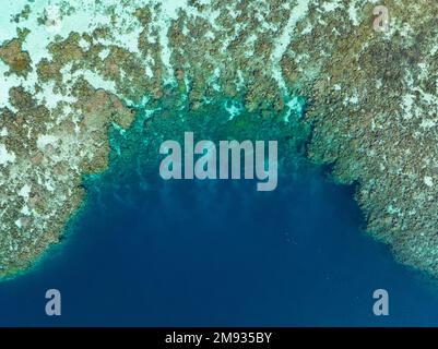 Aus der Vogelperspektive gesehen blüht ein gesundes Korallenriff auf den Salomonen. Dieses wunderschöne Land ist die Heimat einer spektakulären marinen Artenvielfalt. Stockfoto