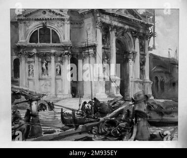 Santa Maria della Salute John Singer Sargent (Amerikaner, geboren in Italien, 1856-1925). Santa Maria della Salute, 1904. Lichtdurchlässig und undurchsichtig, Aquarell und Graphit, mit Graphitunterzeichnung, 18 3/16 x 22 15/16in. (46,2 x 58,3cm). Sargens Unterbau für die Kirche wird akribisch in geraden Graphitlinien ausgeführt, deren Endpunkte am unteren und oberen Rand der Säulen sichtbar sind. Durch die Wäsche der Figuren im Boot sind die horizontalen Lineallinien der Treppe sichtbar. Im Gegensatz dazu weisen die Boote und Figuren im Vordergrund eine minimale Unterzeichnung auf und werden lose gerendert, meist w Stockfoto