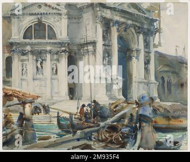 Santa Maria della Salute John Singer Sargent (Amerikaner, geboren in Italien, 1856-1925). Santa Maria della Salute, 1904. Lichtdurchlässig und undurchsichtig, Aquarell und Graphit, mit Graphitunterzeichnung, 18 3/16 x 22 15/16in. (46,2 x 58,3cm). Sargens Unterbau für die Kirche wird akribisch in geraden Graphitlinien ausgeführt, deren Endpunkte am unteren und oberen Rand der Säulen sichtbar sind. Durch die Wäsche der Figuren im Boot sind die horizontalen Lineallinien der Treppe sichtbar. Im Gegensatz dazu weisen die Boote und Figuren im Vordergrund eine minimale Unterzeichnung auf und werden lose gerendert, meist w Stockfoto