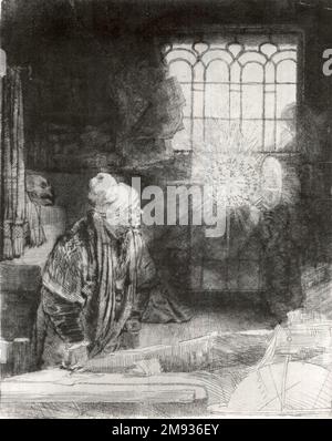 Faust in seinem Arbeitszimmer, der eine Magic Disc Rembrandt Harmensz sieht. Van Rijn (Niederländisch, 1606-1669). Faust in seinem Arbeitszimmer, guckt eine Magic Disc, ca. 1652. Ätzen und Trocknen auf östlichem Laienpapier, Bild: 8 x 6 5/16 Zoll (20,3 x 16 cm). In diesem leuchtenden Aufdruck, in dem leicht geätzte Passagen einen scharfen Kontrast zu dunklen Bereichen mit Trockenstellen bilden, fängt Rembrandt einen Moment mystischer Offenbarung ein. Ein Gelehrter blickt im Staunen auf, wie eine strahlende Scheibe und eine schattige Figur mit einer spektralen Hand vor seinem hellen Fenster erscheinen. Die CD ist mit Symbolen und religiösen Abkürzungen versehen, einschließlich ‚INRI‘ (lateinisch f Stockfoto