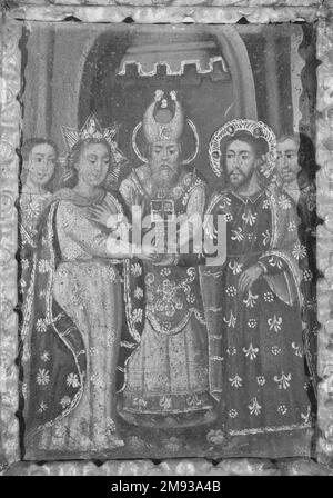 Heirat der Jungfrau und des unbekannten Joseph. Heirat der Jungfrau und Joseph, Ende des 17.-frühen 18. Jahrhunderts, 24 x 19 cm. (61 x 48,3 cm). American Art Ende des 17.-frühen 18. Jahrhunderts Stockfoto