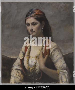 Die junge Frau von Albano (L'Albanaise) Jean-Baptiste-Camille Corot (Französisch, 1796-1875). , 1872. Öl auf Segeltuch, 29 3/16 x 25 13/16 Zoll (74,1 x 65,6 cm). Dieses Gemälde einer blassen, nachdenklichen jungen Frau in Kleidungsstücken, die vergangene Zeiten oder ferne Orte beschwören, ist ein Beispiel für die Praxis von Jean-Baptiste-Camille Corot als Figurmaler. Das Bild aus dem Jahr 42,195 zeigt, dass es sich um ein Bild handelt. In diesem Gemälde lehnt sich Emma Dobigny, ein Lieblingsmodell, in einem theatralischen „Zigeuner“-Kostüm zurück, während ein Trio von Jungfrauen im Hintergrund tanzen oder vielleicht an einem physischen Wettbewerb teilnehmen, der die Sportlichkeit widerspiegelt, für die das alte Sparta bekannt war Stockfoto
