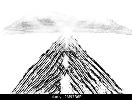Minimalistisches Schwarz-Weiß-Gemälde einer Autobahn, die sich in Richtung verschneiter Berge in der Ferne erstreckt und in verschneitem Nebel auf einer quadratischen Leinwand verschwindet Stockfoto