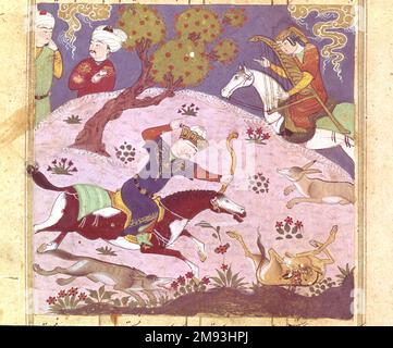 Bahram Gur Hunting Onagers mit Fitna, Page vom Haft paykar (Sieben Portraits), aus einem Manuskript des Khamsa (Quintet) von Nizami (d. 1209) Nizami. Bahram Gur Hunting Onagers mit Fitna, Page vom Haft paykar (Sieben Portraits), aus einem Manuskript des Khamsa (Quintet) von Nizami (d. 1209), 1495. Undurchsichtige Aquarelle, Tinte, Silber und Gold auf Papier, 4 x 4 1/16 Zoll (10,2 x 10,3 cm). Kunst der islamischen Welt 1495 Stockfoto