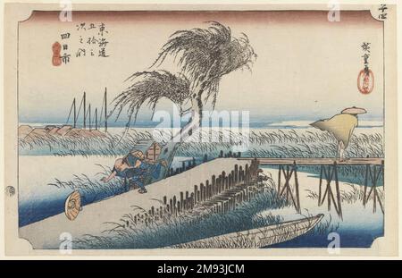 Yokkaichi: Fluss Mie, aus der Reihe 53 Stationen der Tōkaidō Road Utagawa Hiroshige (Ando) (Japanisch, 1797-1858). Yokkaichi: Fluss Mie, aus der Reihe 53 Stationen der Tōkaidō Straße, ca. 1833-1834. Farbiger Holzblock auf Papier, 9 7/16 x 14 15/16 Zoll (23,9 x 37,9 cm). Asiatische Kunst ca. 1833-1834 Stockfoto