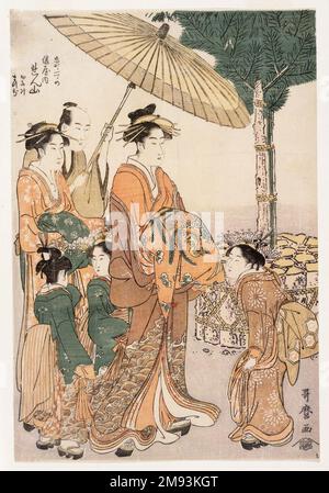 Kurtisane Renzan vom Hyogo-ya Tea House mit ihren beiden Betreuern Kitagawa Utamaro (japanisch, 1753-1806). Kurtisane Renzan vom Hyogo-ya Tea House, mit ihren zwei Betreuern, ca. 1788-1790. Farbiger Holzblock auf Papier, 12 3/4 x 8 11/16 Zoll (32,2 x 22,0 cm). Asiatische Kunst ca. 1788-1790 Stockfoto