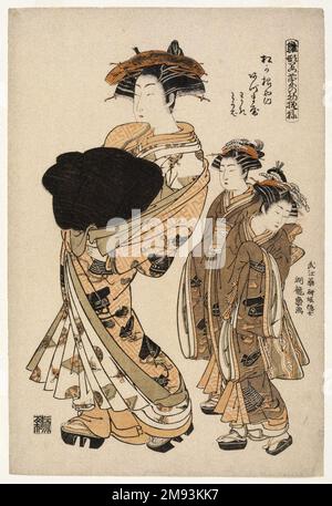 Azumaya, eine Yoshiwara-Schönheit des Teehauses, Matsu Hanaya, gefolgt von zwei Betreuern, Isoda Koryusai (Japanisch, ca. 1766-1788). Azumaya, eine Yoshiwara-Schönheit des Teehauses, Matsu Hanaya, gefolgt von zwei Betreuern, ca. 1777. Farbiger Holzblock auf Papier, 15 1/2 x 10 1/2 Zoll (39,4 x 26,7 cm). Asiatische Kunst ca. 1777 Stockfoto