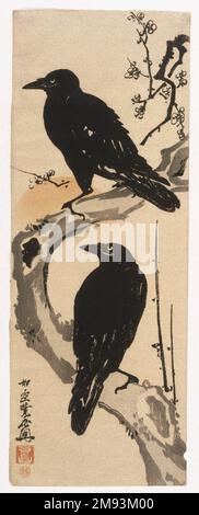 Two Crows Kawanabe Kyosai (Japanisch, 1831-1889). Two Crows, ungefähr 1885. Holzblock-Farbdruck, 27 1/2 x 10 Zoll (69,9 x 25,4 cm). Asiatische Kunst um 1885 Stockfoto