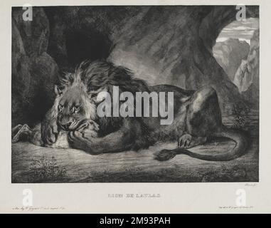 Lion de l'Atlas Eugène Delacroix (Französisch, 1798-1863). Lion de l'Atlas, 1829. Lithografie auf gewebtem Papier, Bild: 12 15/16 x 18 1/16 Zoll (32,8 x 45,8 cm). Eugène Delacroix schätzte die dramatische Tonreichweite der Lithografien und die Art und Weise, wie das Medium die spontane Energie seiner gezogenen Linien direkt einfangen konnte. Als eine der berühmtesten Lithografien seiner Zeit verkörpert der Löwe des Atlasgebirges die Faszination des Künstlers mit Raubkatzen, romantischen Symbolen der Grausamkeit und Leidenschaft der ungezähmten Natur. Delacroix sah solche Tiere nie in der Wildnis. Er gründete sein Bild auf Studien über Leben und Ableben Stockfoto