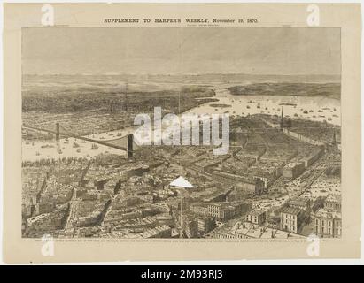 Vogelperspektive am südlichen Ende von New York und Brooklyn mit der projizierten Hängebrücke über den East River vom Western Terminus am Printing House Square, New York Theodore Russell Davis (amerikanisch, 1840-1894). , 1870. Gravur, Platte: 16 7/8 x 23 Zoll (42,9 x 58,4 cm). Amerikanische Kunst 1870 Stockfoto