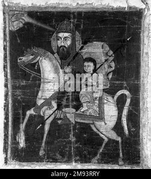 Mann und Kind auf Pferd unbekannt. Mann und Kind auf Pferden, 18.-19. Jahrhundert. Öl auf Tuch, 28 x 24 Zoll (71,1 x 61 cm). Kunst der islamischen Welt 18.-19. Jahrhundert Stockfoto