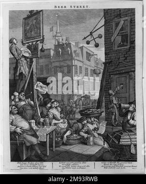 Beer Street William Hogarth (Britisch, 1697-1764). Beer Street, 1751. Gravur auf liegendem Papier, Bild: 15 3/8 x 12 13/16 Zoll (39,1 x 32,5 cm). William Hogarth war ein Künstler, der den Markt für seine Werke enorm vergrößerte, indem er viele seiner Gemälde in Gravuren übersetzte, eine Technik, die er als Teenager lernte, während er als Silberschmied ausgebildet wurde. Er spezialisierte sich auf Comic- oder Satiric-Themen, die in Bilderreihen behandelt wurden, in denen sich die Erzählung entfaltete wie Szenen in einem Roman, dann eine aufstrebende Kunstform. Hogarth glaubte, dass die populäre Kunst soziale Veränderungen bewirken könnte, und seine Bilder bieten häufig präskriptiv Stockfoto