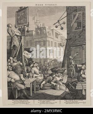 Beer Street William Hogarth (Britisch, 1697-1764). Beer Street, 1751. Gravur auf liegendem Papier, Bild: 15 3/8 x 12 13/16 Zoll (39,1 x 32,5 cm). William Hogarth war ein Künstler, der den Markt für seine Werke enorm vergrößerte, indem er viele seiner Gemälde in Gravuren übersetzte, eine Technik, die er als Teenager lernte, während er als Silberschmied ausgebildet wurde. Er spezialisierte sich auf Comic- oder Satiric-Themen, die in Bilderreihen behandelt wurden, in denen sich die Erzählung entfaltete wie Szenen in einem Roman, dann eine aufstrebende Kunstform. Hogarth glaubte, dass die populäre Kunst soziale Veränderungen bewirken könnte, und seine Bilder bieten häufig präskriptiv Stockfoto