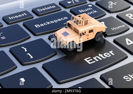 Mobiles Mehrzweckfahrzeug mit Rädern auf Laptop-Tastatur, 3D-Rendering Stockfoto