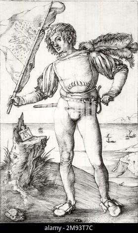 Der Standardträger Albrecht Dürer (Deutsch, 1471-1528). Der Standardträger, ca. 1500. Gravur auf liegendem Papier, 4 1/2 x 2 1/4 Zoll (11,4 x 5,7 cm). Albrecht Dürer untersuchte bewusst menschliche Proportionen und analysierte, wie anatomische Form sowohl in der Antike als auch in den Werken anderer Renaissance-Künstler dargestellt wurde. Hier betont die enge Kleidung des Standardträgers seine Muskulatur. Seine Haltung zeigt klassische Kontrapposto, bei der ein Bein leicht gebeugt ist, während das andere das volle Gewicht des Körpers trägt und eine sündige und anmutige Linie erzeugt. Contrapposto, wortwörtlich "Gegendarstellung" bedeutet, war a f Stockfoto