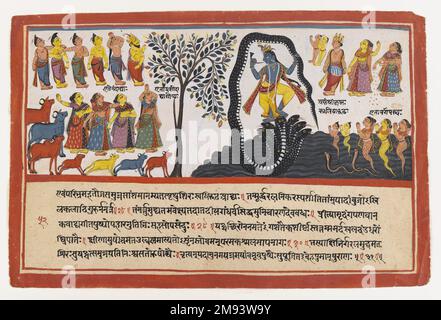 Krishna erobert die Schlange Kaliya, Page von einem zerstreuten Bhagavata Purana Series Indianer. Krishna erobert die Schlange Kaliya, Page aus einer verstreuten Bhagavata Purana Serie, Kalifornien. 1775. Undurchsichtige Aquarelle und Gold auf Papier, Bogen: 9 3/4 x 14 5/8 Zoll (24,8 x 37,1 cm). Asiatische Kunst ca. 1775 Stockfoto