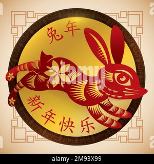 Knopf mit hüpfendem Kaninchen dekoriert mit Blumen, feiern mit Grüßen für ein glückliches chinesisches Neujahr dieses Tieres (geschrieben auf Chinesisch). Stock Vektor