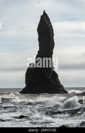 Nahaufnahme eines der Basaltmeerstämme der berühmten Reynisdrangar Felsformation, Reynisfjara Beach, Island, in der Nähe von Vík í Mýrdal und Route 1 / Ring Stockfoto