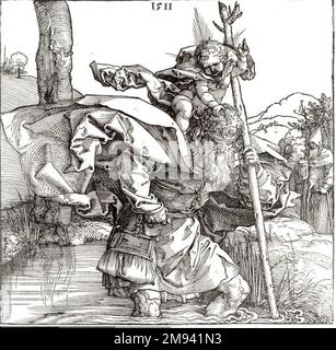 St. Christopher Albrecht Dürer (Deutsch, 1471-1528). St. Christopher, 1511. Holzschnitt, Blech: 8 5/8 x 8 7/8 Zoll (21,9 x 22,5 cm). Europäische Art. 1511 Stockfoto