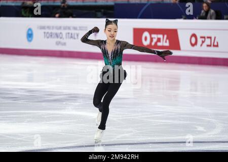 Minsol Kwon (KOR) tritt während des Junior Women - Free Skating des ISU Grand Prix des Eiskunstlauf-Finales Turin in Palavela auf. Stockfoto