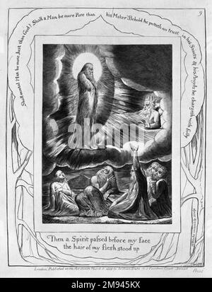 Lassen Sie den Tag vergehen, an dem ich geboren wurde, aus Illustrationen des Buches des Jobs William Blake (britisch, 1757-1827). , 1825. Gravur, 8 5/16 x 6 7/16 Zoll (21,1 x 16,3 cm). Europäische Art. 1825 Stockfoto