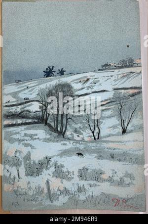 Winterszene, Russland Il'ya Efimowitsch Repin (Russisch, 1844-1930). , 1876. Lichtundurchlässige Aquarelle, lichtdurchlässige Aquarelle und Graphit auf blauem gewebtem Papier, 10 1/8 x 6 11/16 Zoll (25,7 x 17 cm). Il’ia Repin malte diese winterliche Landschaft nach außen auf blauem Papier, das eine stimmungsvolle Kulisse schafft, in seiner Heimatstadt Tschuguev (heute Tschuhuiv, in der heutigen Ukraine) am 11. Dezember 1876, laut der kyrillischen Inschrift, die am unteren Rand der Aquarellfarbe sichtbar ist. Repin machte diese Skizze nach seiner Rückkehr von einem künstlerischen Aufenthalt in Europa, ein Ort, der, wie er bemerkte, 1872 „eine Flut frischer St. Stockfoto