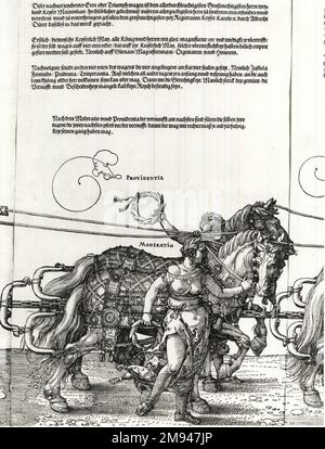 Der grosse Triumphwagen des Kaisers Maximilian i Albrecht Dürer (deutsch, 1471-1528). Der große Triumphwagen des Kaisers Maximilian I., 1522, begann 1518. Holzschnitt aus acht Blöcken auf acht Blatt Papier, 16 x 95 Zoll (40,5 x 241,3 cm). Albrecht Dürer revolutionierte die Techniken des Holzschnitts und der Gravur und war der erste Künstler, der durch seine Arbeit als Druckerei Ruhm erlangte. Im Jahr 1512 beauftragte der Heilige römische Kaiser Maximilian I., der erkannte, wie nützlich das neue Medium der Druckherstellung für die Verbreitung seines Ruhm und die Verfärbung seines Images sein würde, Dürer, in seinem Schatz zu kreieren Stockfoto