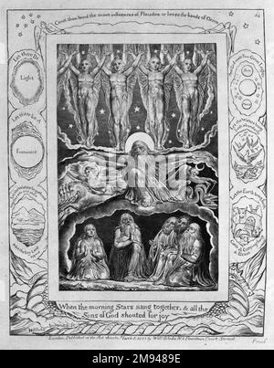 Als die Morning Stars zusammen sangen und die Söhne Gottes um Freude schrieen, aus Illustrationen des Buches des Jobs William Blake (britisch, 1757-1827). , 1825. Gravur auf gewebtem Papier, Bild: 7 1/4 x 6 Zoll (18,4 x 15,2 cm). William Blakes gravierte Illustrationen des biblischen Buches Job, basierend auf den Aquarellen, die er zwischen 1805 und 1810 machte, gelten als seine Meisterwerke. In den Abdrücken zeigte Blake Gott seine Kräfte Job, der darum kämpft, die Leiden zu verstehen, die Gott ihm geschickt hat. Biblische Zitate und andere Texte an den Rändern, die nicht Teil des ursprünglichen Wassers waren Stockfoto