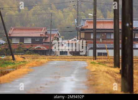 Straße zu traditionellen japanischen Häusern im ländlichen Dorf am regnerischen Wintertag Stockfoto