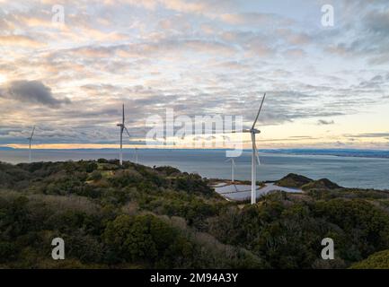 Windturbinen über der kleinen Solarfarm in Green Landscape by Sea bei Sonnenuntergang Stockfoto