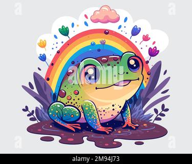 Ein grüner Frosch sitzt in einer Pfütze unter einem bunten Regenbogen. Abbildung eines flachen Vektors. Stock Vektor