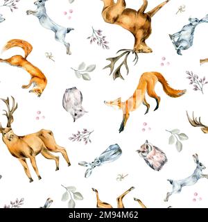 Wildtiere, Hase, Fuchs, Eule, Hirsch Aquarell nahtloses Muster auf Weiß isoliert. Winter Walddruck, handgezeichnet von Wald. Design für Textil, Winter Stockfoto