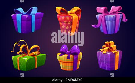 Set geschlossener Geschenkboxen, isoliert im Hintergrund. Vektor-Cartoon mit bunten Streifen-, Punkt- und karierten Überraschungspaketen, dekoriert mit Schleifen und Spielprämie Stock Vektor