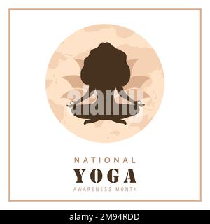 Poster zum nationalen Yoga-Sensibilisierungsmonat. Weibliche Silhouette in Lotusposition. Banner-, Post- oder Broschürendesign in sozialen Medien. Vektordarstellung flach Stock Vektor