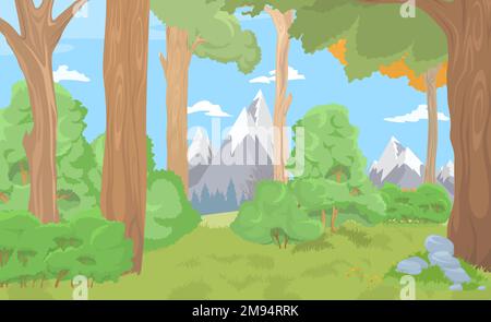 Bergwaldvektor, Cartoon Natur Flachszene Stock Vektor