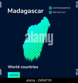 Karte Madagaskar 3D. Stilisierte, gestreifte, isometrische Vektorkarte Madagaskars in Neongrün und Mintgrün Stock Vektor
