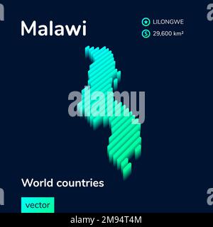 Karte Malawi 3D. Stilisierte, gestreifte Vektor-Isometriekarte von Malawi ist in Neongrün und Mintgrün Stock Vektor