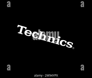 Technics-Marke, gedrehtes Logo, schwarzer Hintergrund B Stockfoto