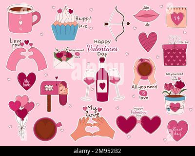 Handgezeichnete Elemente zum Valentinstag für Poster, Grußkarten, Banner und Einladungen. Großer Aufkleber mit Herz, Süßigkeiten, Kaffee, Cupcake, Schlüssel Stock Vektor