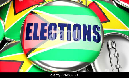 Guyana und Wahlen - Dutzende von Pinback-Knöpfen mit einer Flagge von Guyana und ein Wort Wahlen. 3D symbolisiert die bevorstehenden Wahlen in diesem Land. Stockfoto