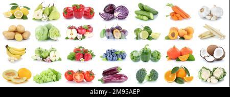 Hintergrundbanner für Obst und Gemüse isoliert auf weiß mit Apfel-Zitronen-Tomaten, Orange, frische Fruchtcollage Stockfoto