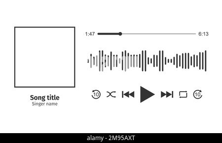 Design der Musik-Player-Oberfläche mit Bilderrahmen, verschiedenen Tasten, Ladebalken mit Timer und Sound-Equalizer. Horizontale Abweichung. Vektorgrafik isoliert auf weißem Hintergrund Stock Vektor