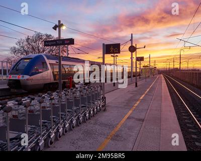 Avignon (Südostfrankreich): Nahverkehrszug „TER“ und Hochgeschwindigkeitszug „TGV“ entlang des Bahnsteigs im Bahnhof Stockfoto