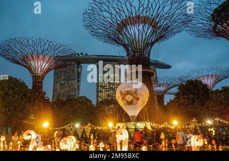 Beleuchtete Supertrees vertikale Gärten bei Nacht in Gardens by the Bay Singapore Stockfoto